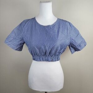 Tyli Striped Crop Top Womens Medium Blue White Preppy Blouse Shirt Made In Italy